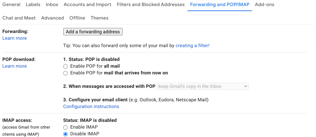 screenshot of the gmail settings window showing the button you can click to "add a forwarding address"